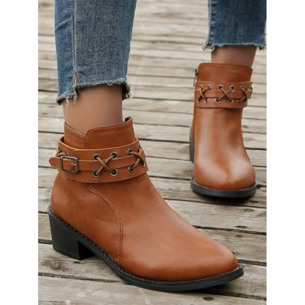 Vintage Plain Wearable Zipper Block Heel Classic Boots Buckle - Image 2