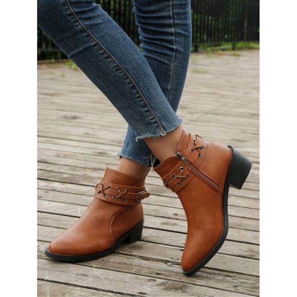 Vintage Plain Wearable Zipper Block Heel Classic Boots Buckle - Image 3