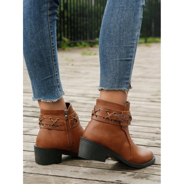 Vintage Plain Wearable Zipper Block Heel Classic Boots Buckle - Image 6