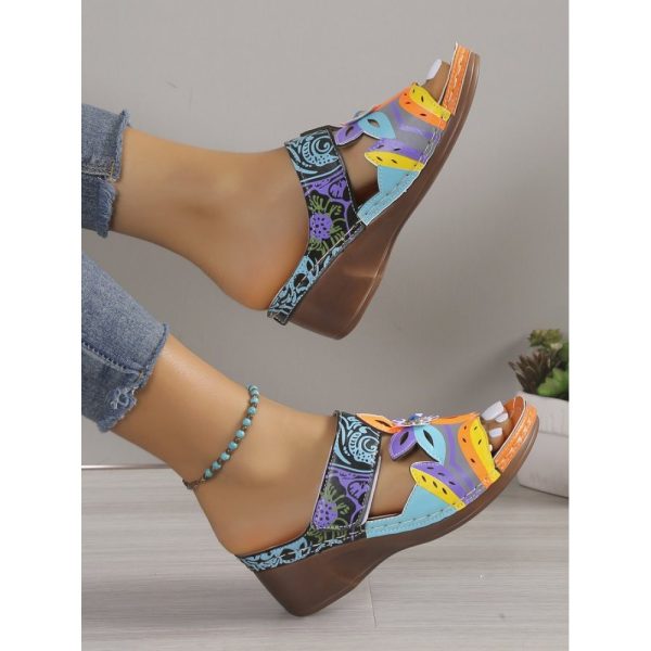 Retro Color Contrast Ethnic Style Flower Hollow Wedge Sandals - Image 19
