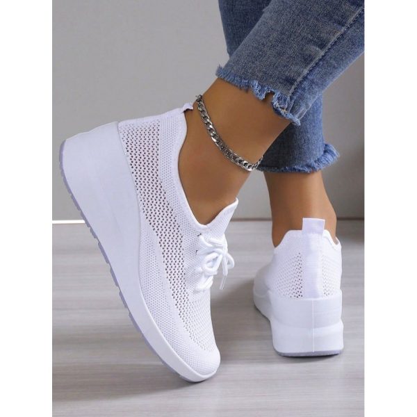 Casual Plain Breathable Lace-Up Block Heel Fly Woven Shoes Hollow Out - Image 2