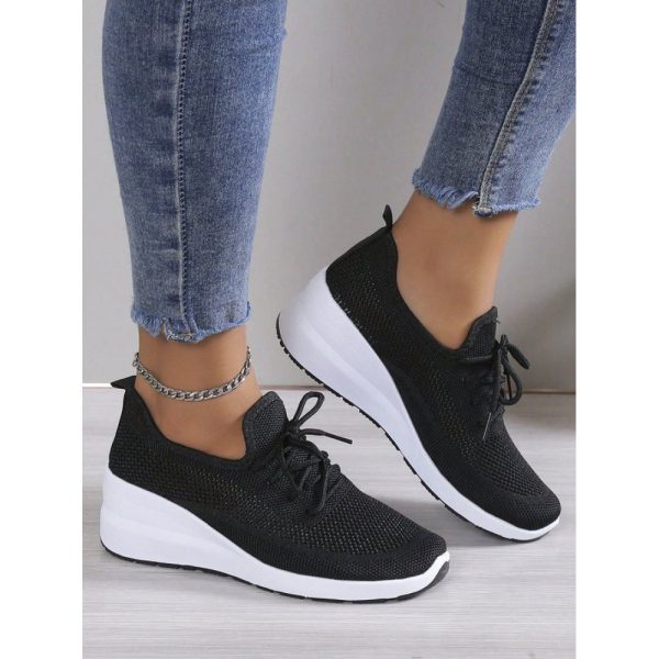 Casual Plain Breathable Lace-Up Block Heel Fly Woven Shoes Hollow Out - Image 16