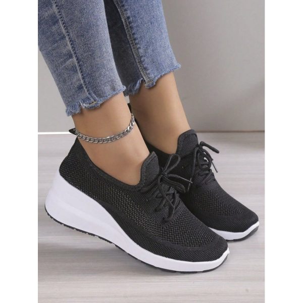 Casual Plain Breathable Lace-Up Block Heel Fly Woven Shoes Hollow Out - Image 17