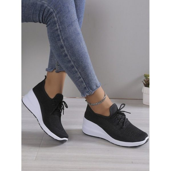 Casual Plain Breathable Lace-Up Block Heel Fly Woven Shoes Hollow Out - Image 18