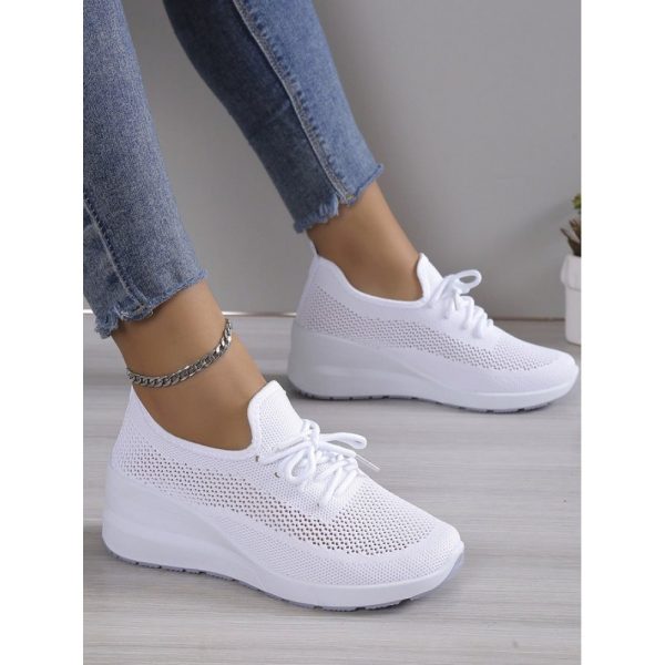 Casual Plain Breathable Lace-Up Block Heel Fly Woven Shoes Hollow Out - Image 4