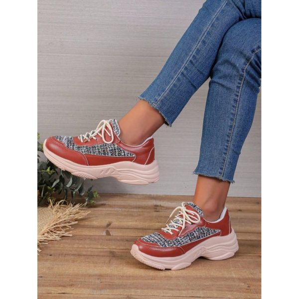 Casual Color Block Wearable Lace-Up Low Heel Chunky Trainers Split Joint - Image 3