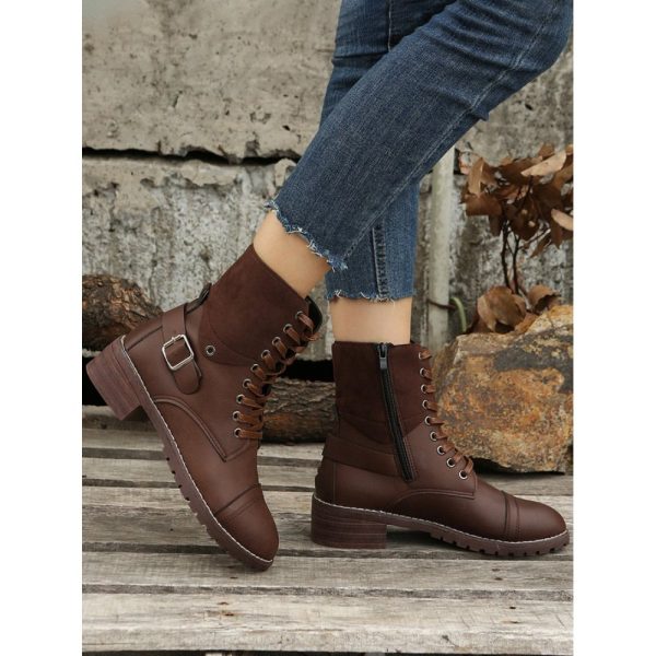 Retro Stitching Lace-up Zipper Boots - Image 11