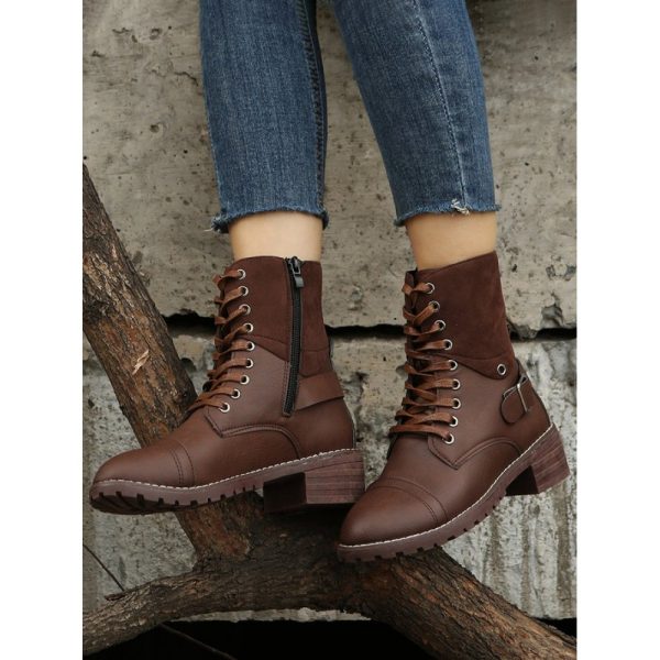 Retro Stitching Lace-up Zipper Boots - Image 12