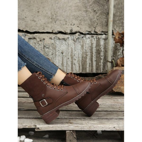 Retro Stitching Lace-up Zipper Boots - Image 14