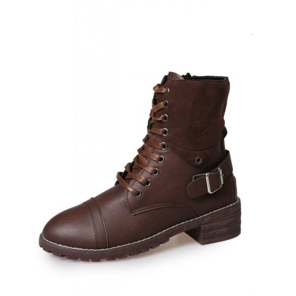 Retro Stitching Lace-up Zipper Boots - Image 15