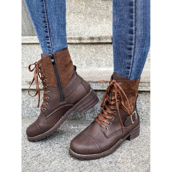 Retro Stitching Lace-up Zipper Boots - Image 16