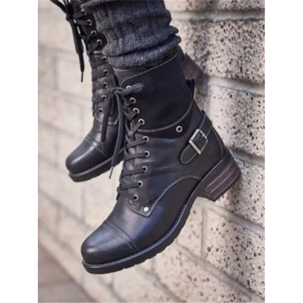 Retro Stitching Lace-up Zipper Boots - Image 23