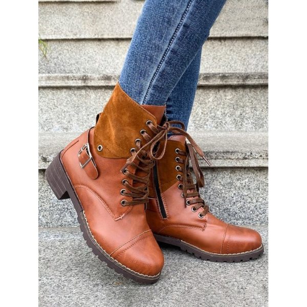 Retro Stitching Lace-up Zipper Boots - Image 25