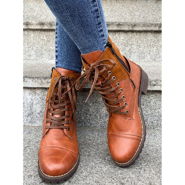 Retro Stitching Lace-up Zipper Boots - Image 26