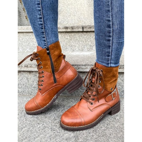 Retro Stitching Lace-up Zipper Boots - Image 27