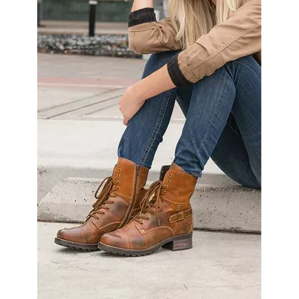 Retro Stitching Lace-up Zipper Boots - Image 29