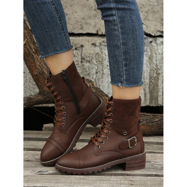 Retro Stitching Lace-up Zipper Boots - Image 4