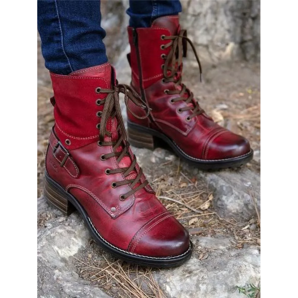 Retro Stitching Lace-up Zipper Boots - Image 31