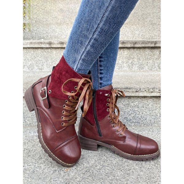 Retro Stitching Lace-up Zipper Boots - Image 32