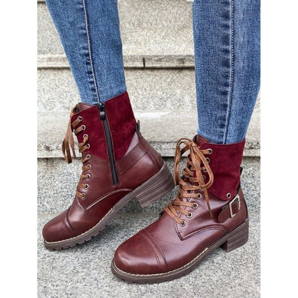 Retro Stitching Lace-up Zipper Boots - Image 33
