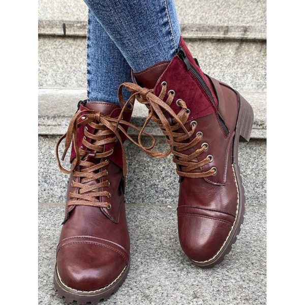 Retro Stitching Lace-up Zipper Boots - Image 34