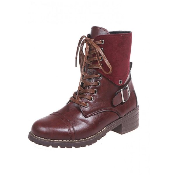 Retro Stitching Lace-up Zipper Boots - Image 35