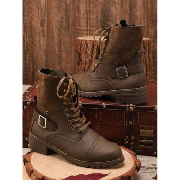 Retro Stitching Lace-up Zipper Boots - Image 6