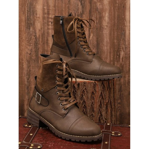 Retro Stitching Lace-up Zipper Boots - Image 8