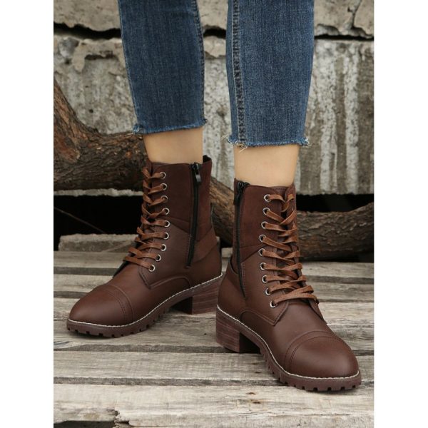 Retro Stitching Lace-up Zipper Boots - Image 9