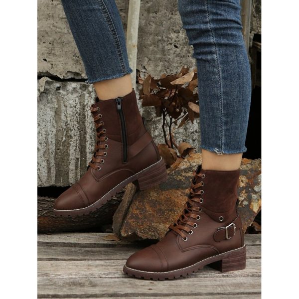 Retro Stitching Lace-up Zipper Boots - Image 10