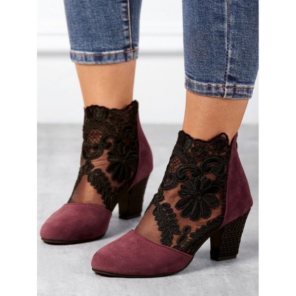 Lace Split Joint Chunky Heel Sandals Boots with Back Zip - Image 2