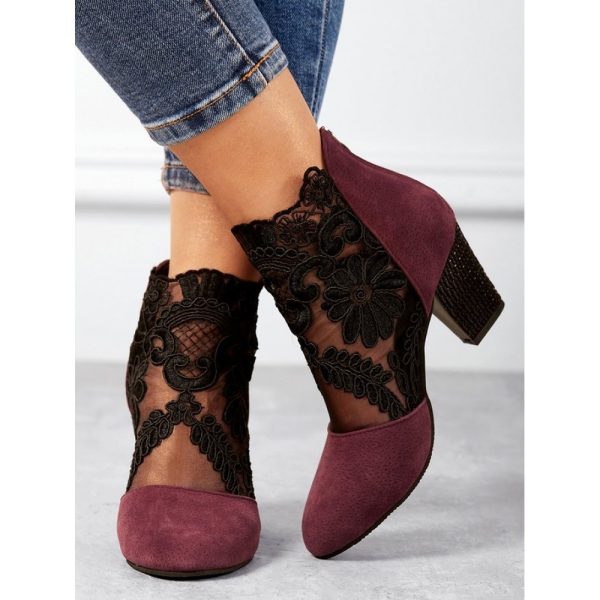 Lace Split Joint Chunky Heel Sandals Boots with Back Zip - Image 3
