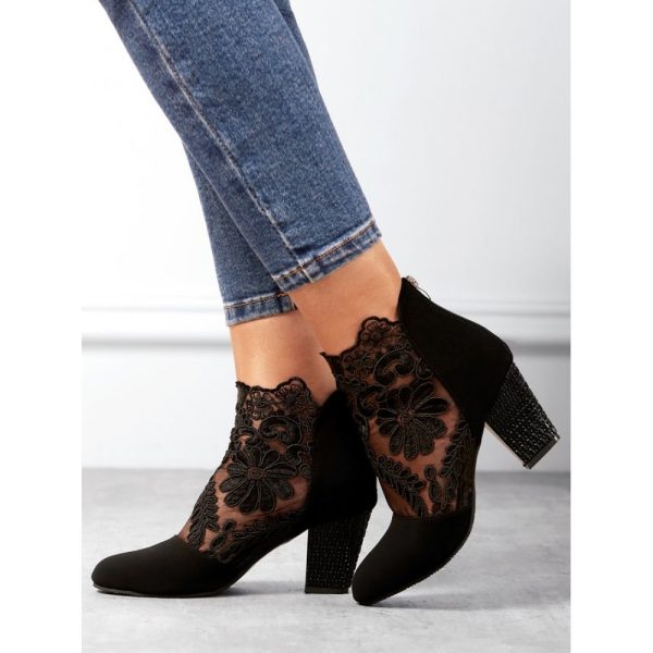Lace Split Joint Chunky Heel Sandals Boots with Back Zip - Image 30