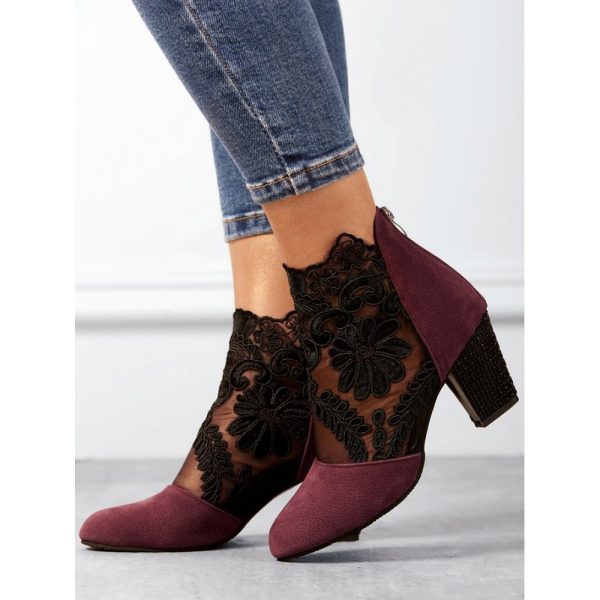 Lace Split Joint Chunky Heel Sandals Boots with Back Zip - Image 4
