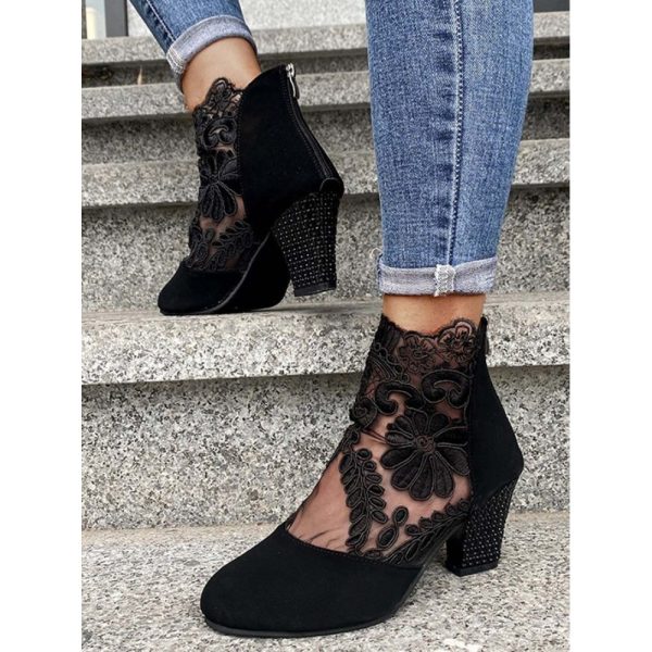 Lace Split Joint Chunky Heel Sandals Boots with Back Zip - Image 39