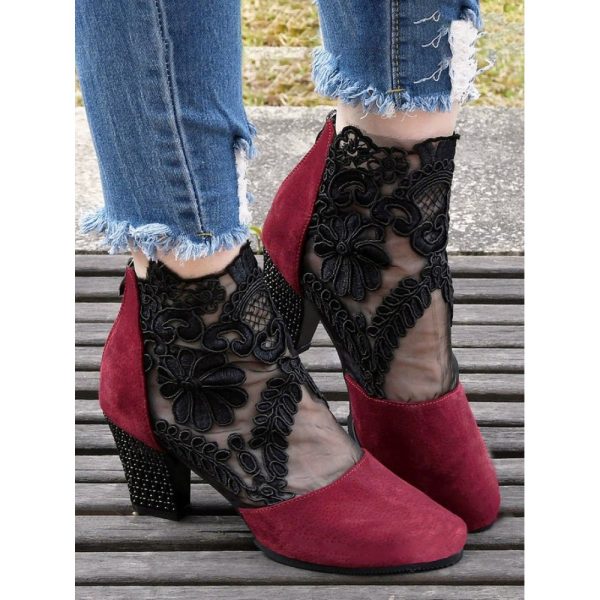 Lace Split Joint Chunky Heel Sandals Boots with Back Zip - Image 5