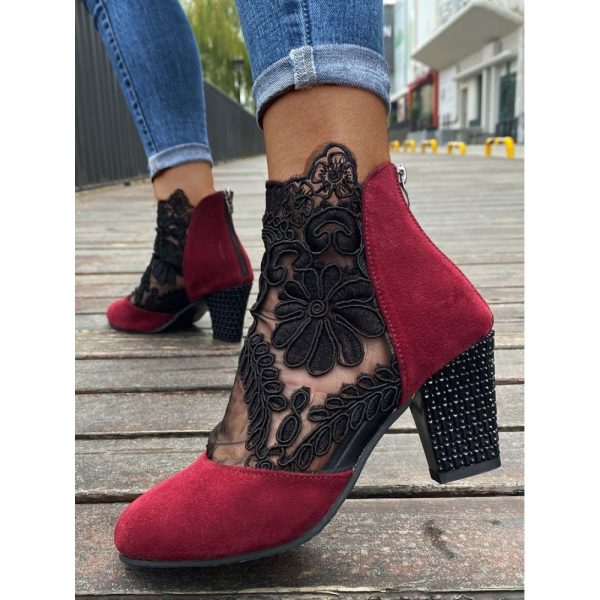 Lace Split Joint Chunky Heel Sandals Boots with Back Zip - Image 9