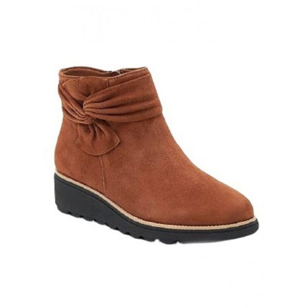Comfortable Soft Leather Bow Round Toe Low Heel Booties - Image 2