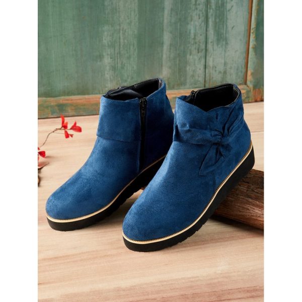 Comfortable Soft Leather Bow Round Toe Low Heel Booties - Image 13