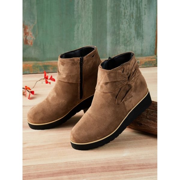 Comfortable Soft Leather Bow Round Toe Low Heel Booties - Image 4