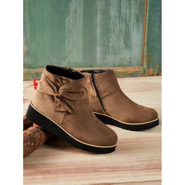 Comfortable Soft Leather Bow Round Toe Low Heel Booties - Image 5