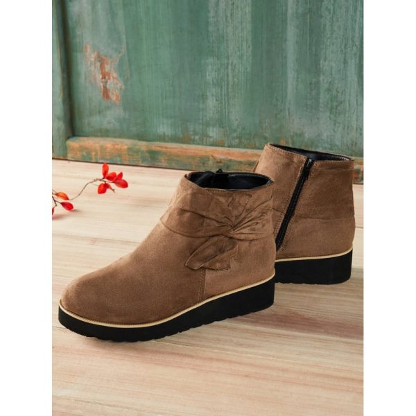 Comfortable Soft Leather Bow Round Toe Low Heel Booties - Image 6