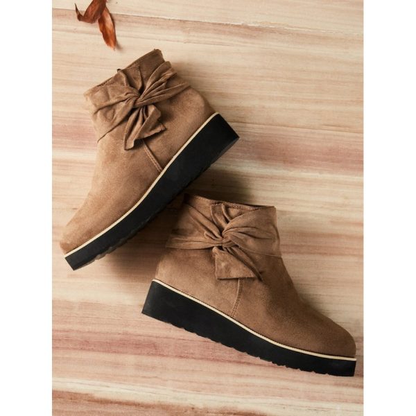 Comfortable Soft Leather Bow Round Toe Low Heel Booties - Image 7