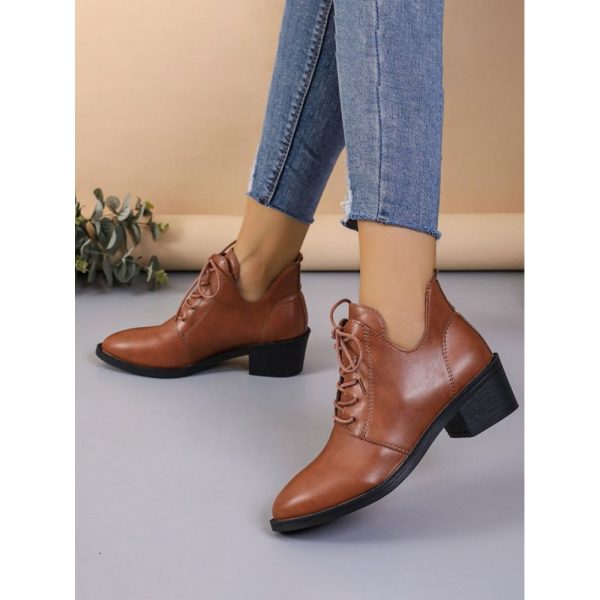 Vintage Plain Non-Slip Lace-Up Block Heel Classic Boots - Image 3
