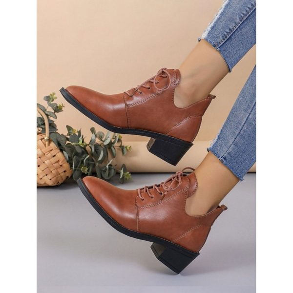 Vintage Plain Non-Slip Lace-Up Block Heel Classic Boots - Image 4