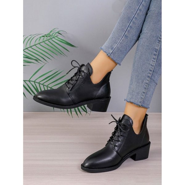 Vintage Plain Non-Slip Lace-Up Block Heel Classic Boots - Image 8