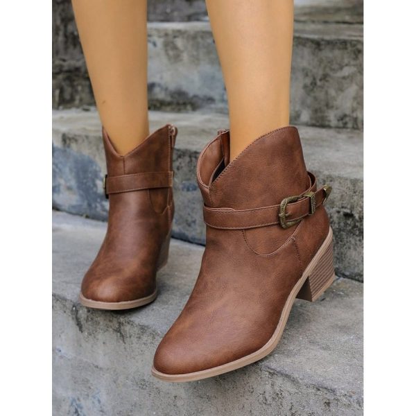 Vintage Plain Non-Slip Zipper Block Heel Cowboy Boots Buckle - Image 2