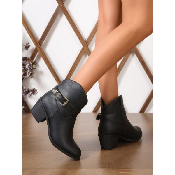 Vintage Plain Non-Slip Zipper Block Heel Cowboy Boots Buckle - Image 13