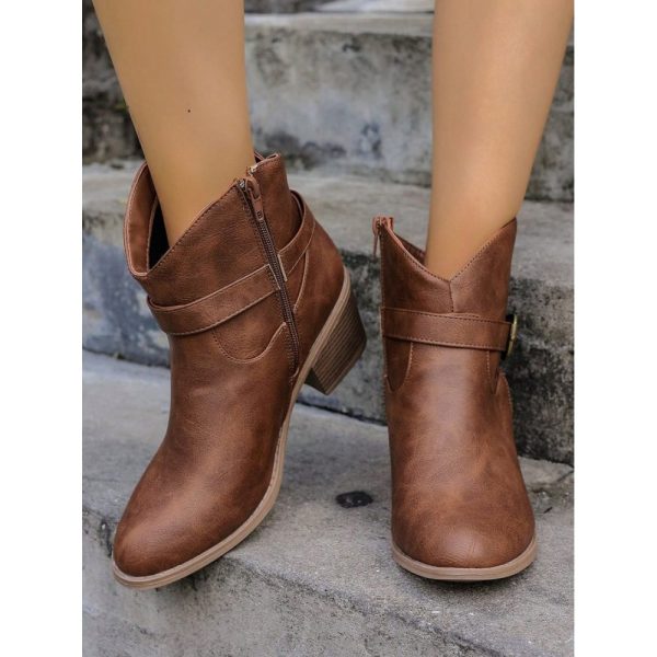 Vintage Plain Non-Slip Zipper Block Heel Cowboy Boots Buckle - Image 3