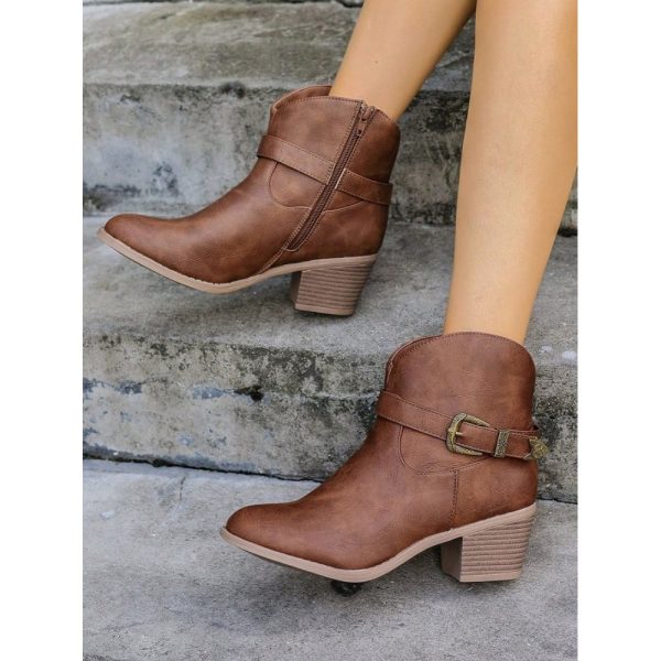 Vintage Plain Non-Slip Zipper Block Heel Cowboy Boots Buckle - Image 4